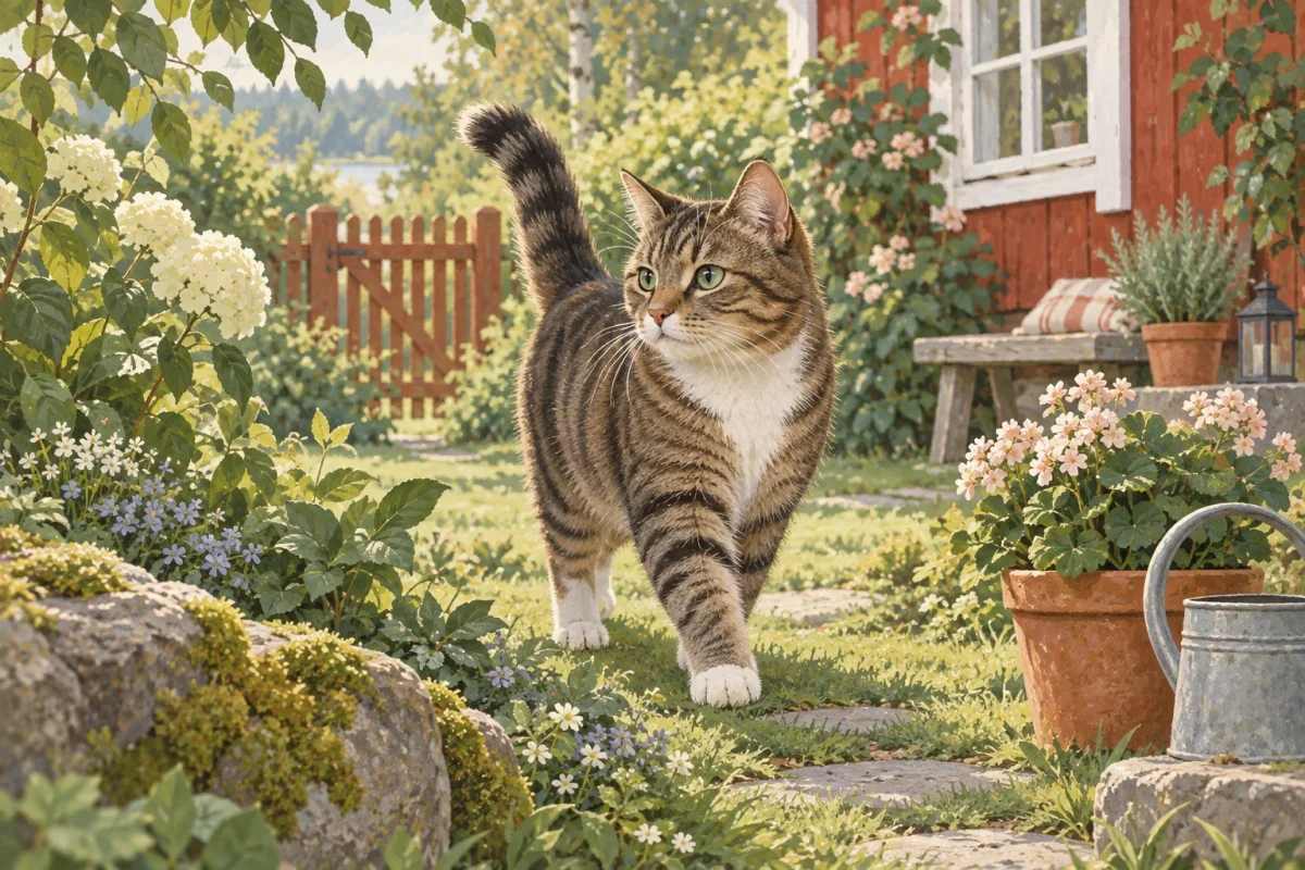 En katt utforskar en grön trädgård intill ett hus.